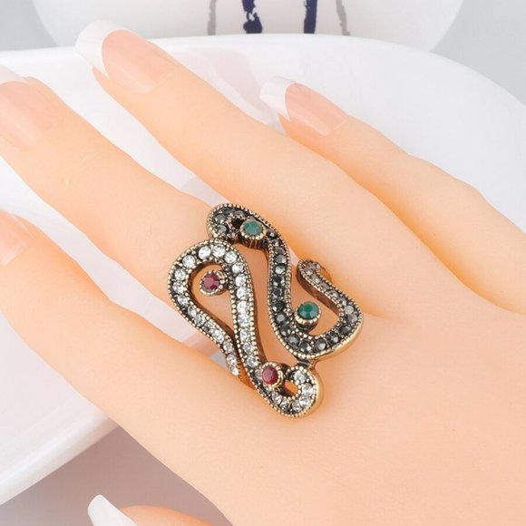 Unique Ethnic Filled Resin Antique Gold Ring - Picture 8 of 10